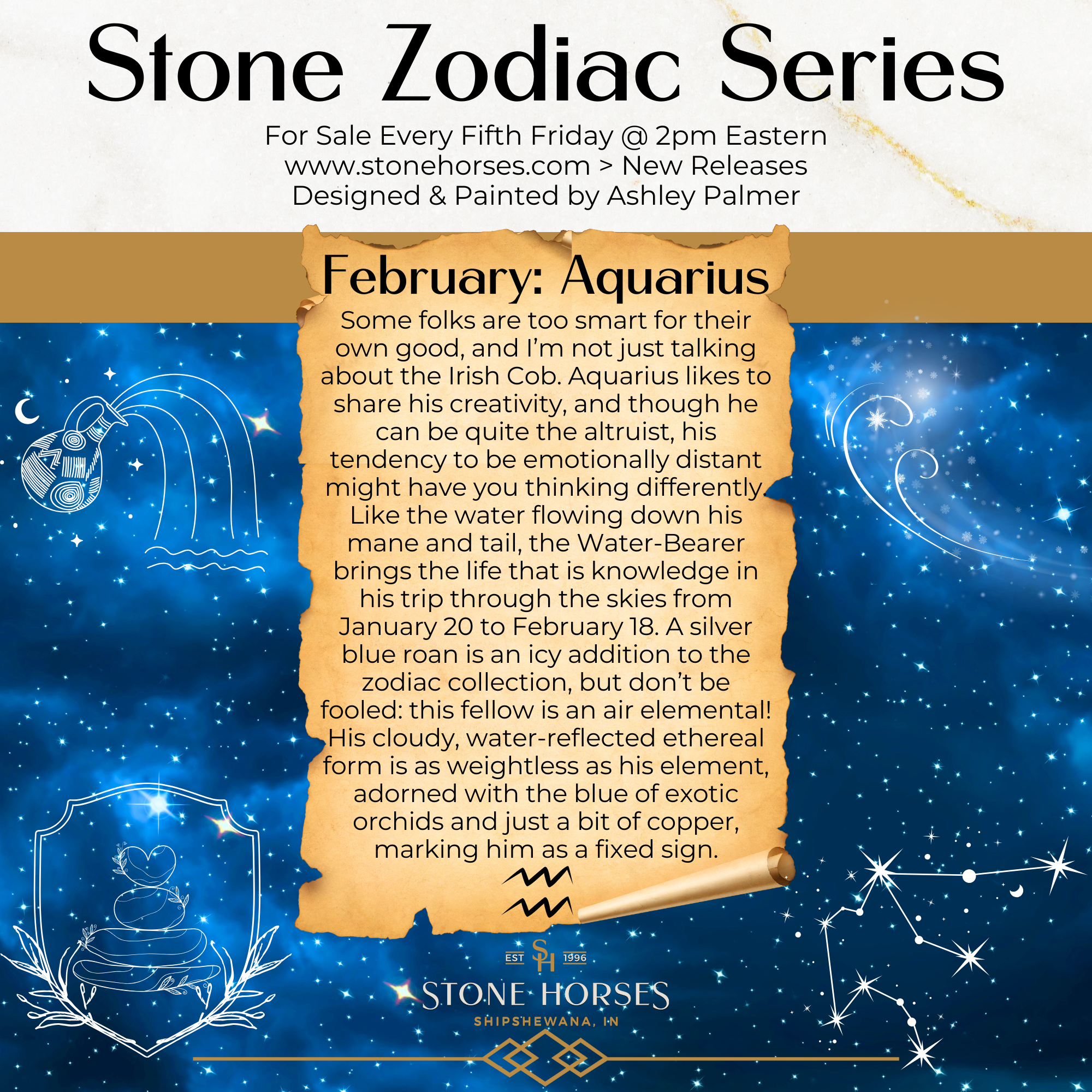 "Albali" LE-10 Blue &amp; White Stars &amp; Nebula Deco Irish Cob By Ashley Palmer - 2025 Zodiac Series ZS25