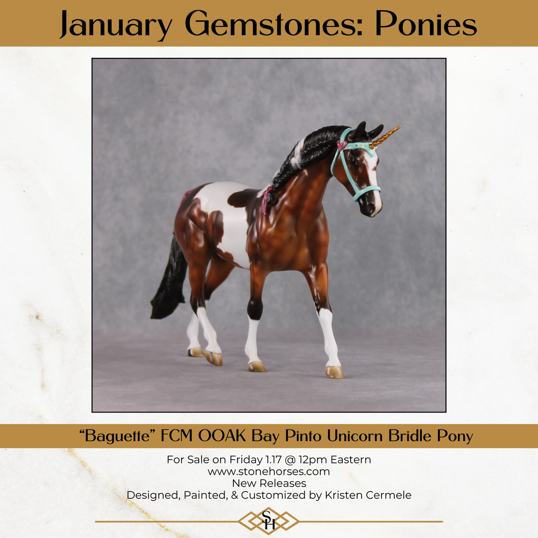 "Baguette" OOAK Custom Dapple Bay Tobiano Pony Stone By Kristen Cermele -Gemstone Series