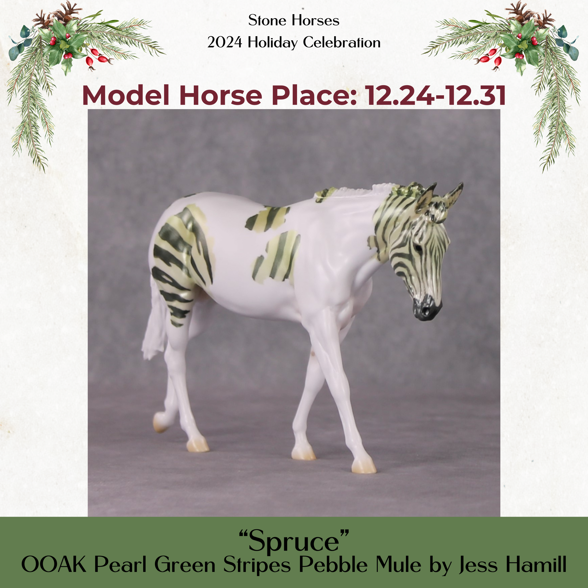 Spruce OOAK Pearl Green Stripe Pinto Pebble Mule By Jess Hamill HS24 MHP Auction Piece