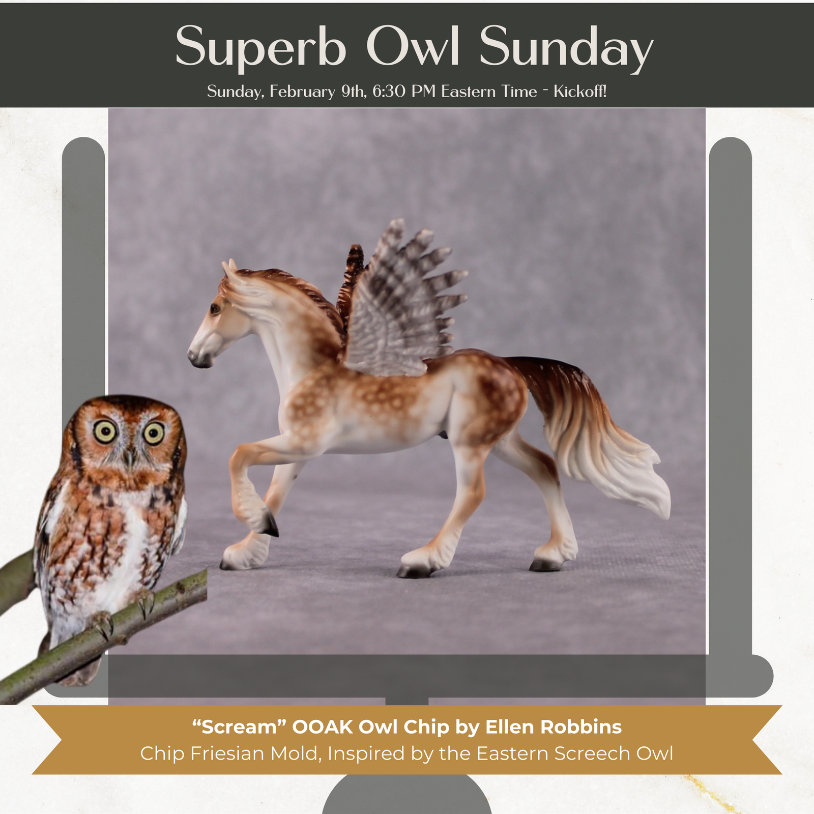 "Scream" Secret Surprise Chip Drop: Superb Owl Sunday OOAK Deco Custom Winged Friesian Chip By Ellen Robbins