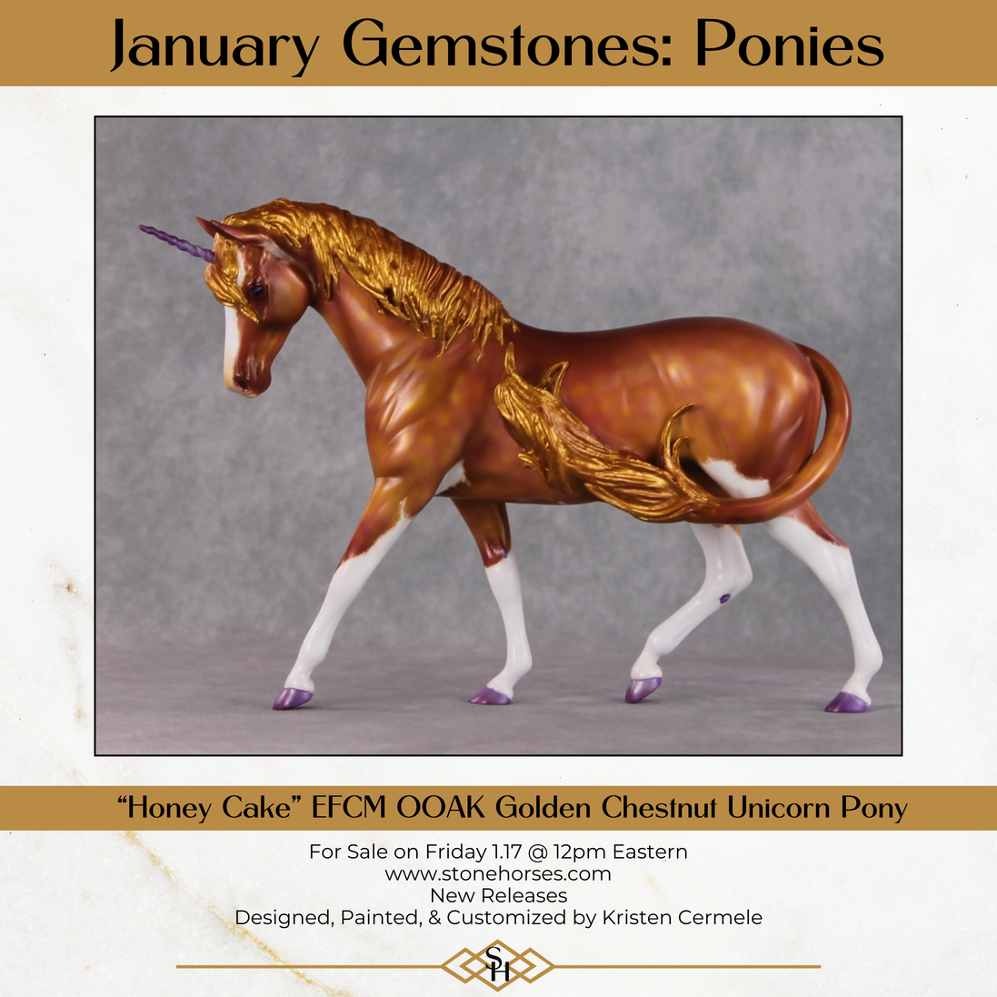"Honey Cake" OOAK Custom Gold & Rosy Pink Sabino Pony Stone By Kristen Cermele - Gemstone Series