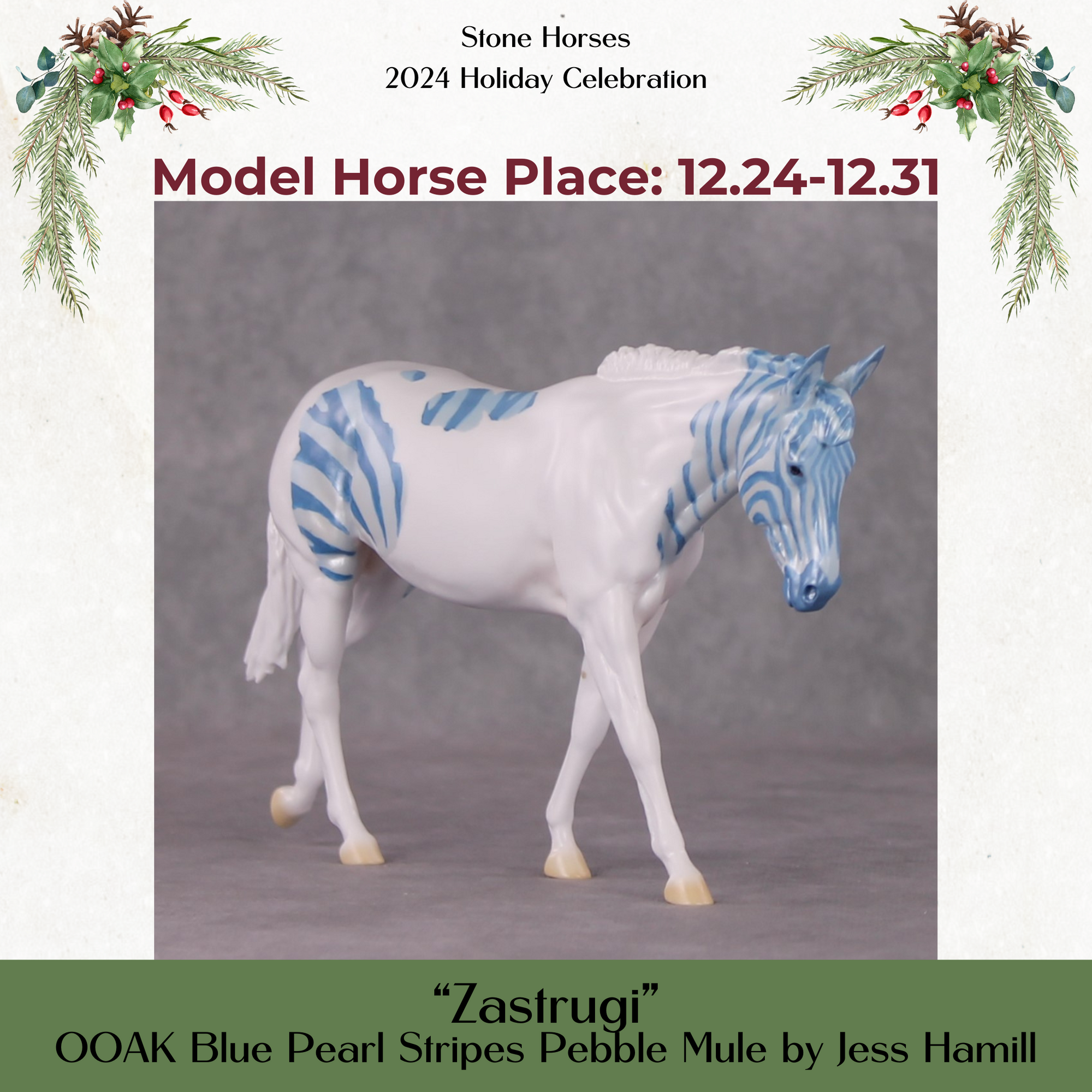 Zastrugi OOAK Pearl Blue Stripe Pinto Pebble Mule By Jess Hamill HS24 MHP Auction Piece