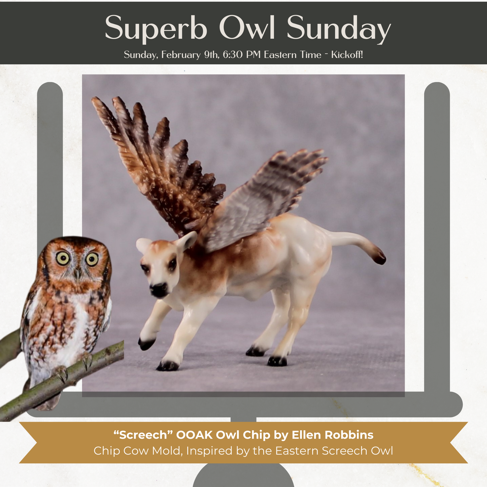 "Screech" Secret Surprise Chip Drop: Superb Owl Sunday OOAK Deco Custom Cow Chip By Ellen Robbins