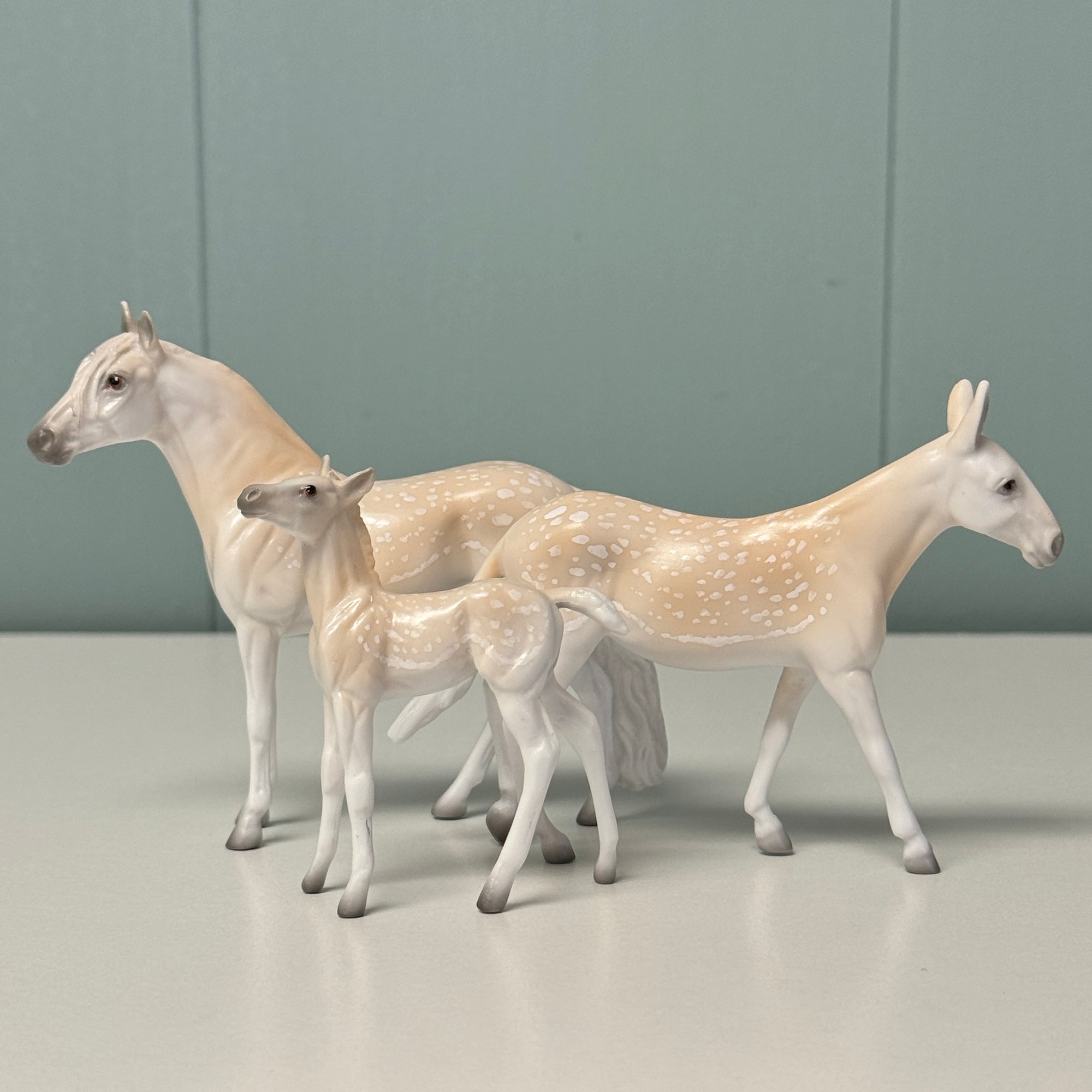 Carbon Copy, Parrell and Repeat Set OOAK Deco Fallow Deer Andy, Mule and Foal Chip Set  By Jess Hamill EQ24