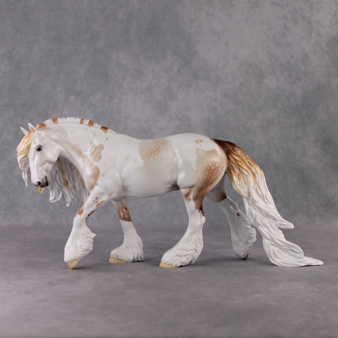 "Shadow of Succession" LE-10 Light Flea-Bitten & Dappled Mulberry Grey Tobiano Irish Cob Stone   - January 2025 Shadow of Succession Shakespeare Stone Painted By Ellen Robbins CL25