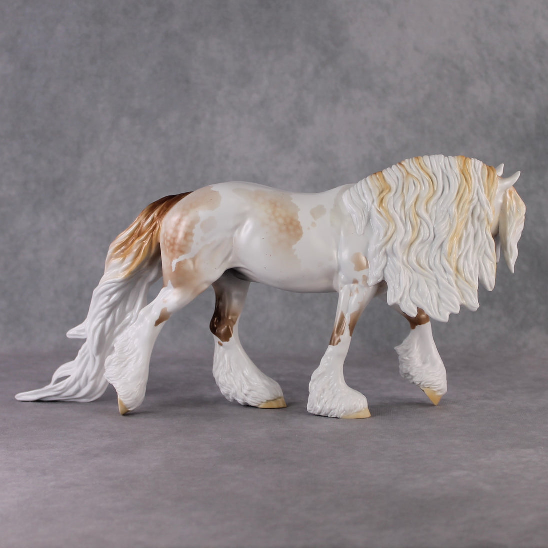 "Shadow of Succession" LE-10 Light Flea-Bitten & Dappled Mulberry Grey Tobiano Irish Cob Stone   - January 2025 Shadow of Succession Shakespeare Stone Painted By Ellen Robbins CL25