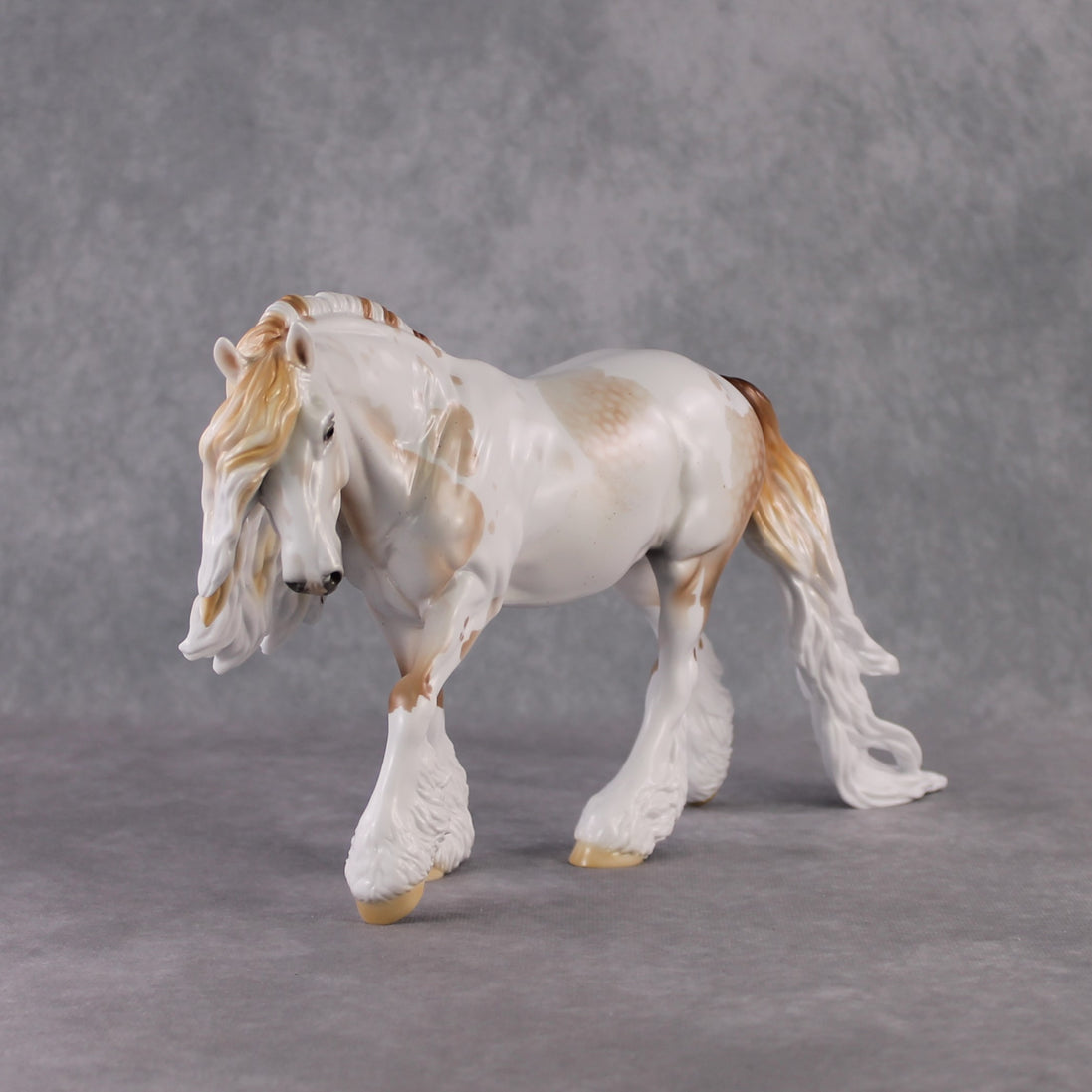 "Shadow of Succession" LE-10 Light Flea-Bitten & Dappled Mulberry Grey Tobiano Irish Cob Stone   - January 2025 Shadow of Succession Shakespeare Stone Painted By Ellen Robbins CL25