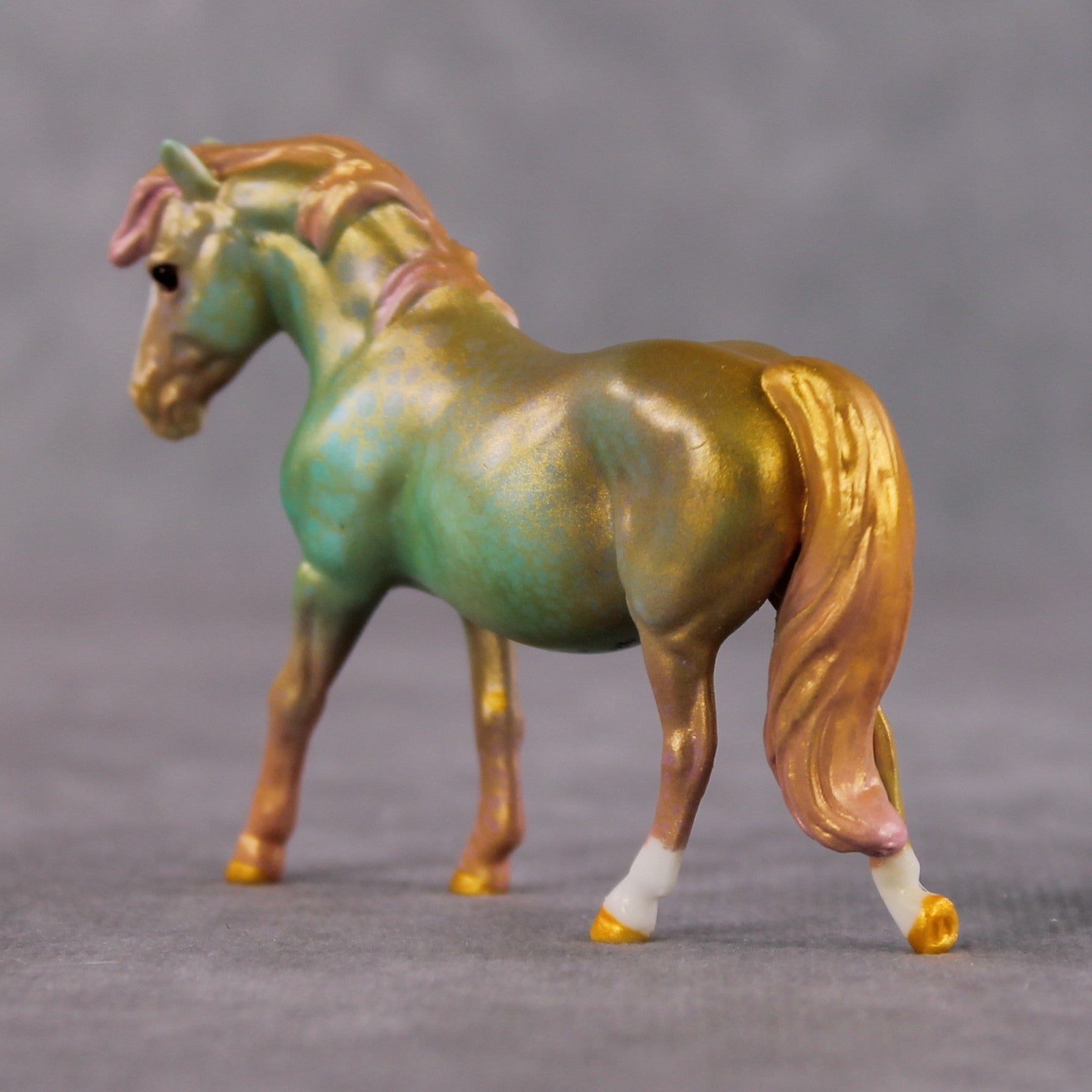 "Hummingbird" OOAK Deco Shimmery Teal, Pink, &amp; Gold Filigree Pony Chip By Guest Artist Kristen Cermele