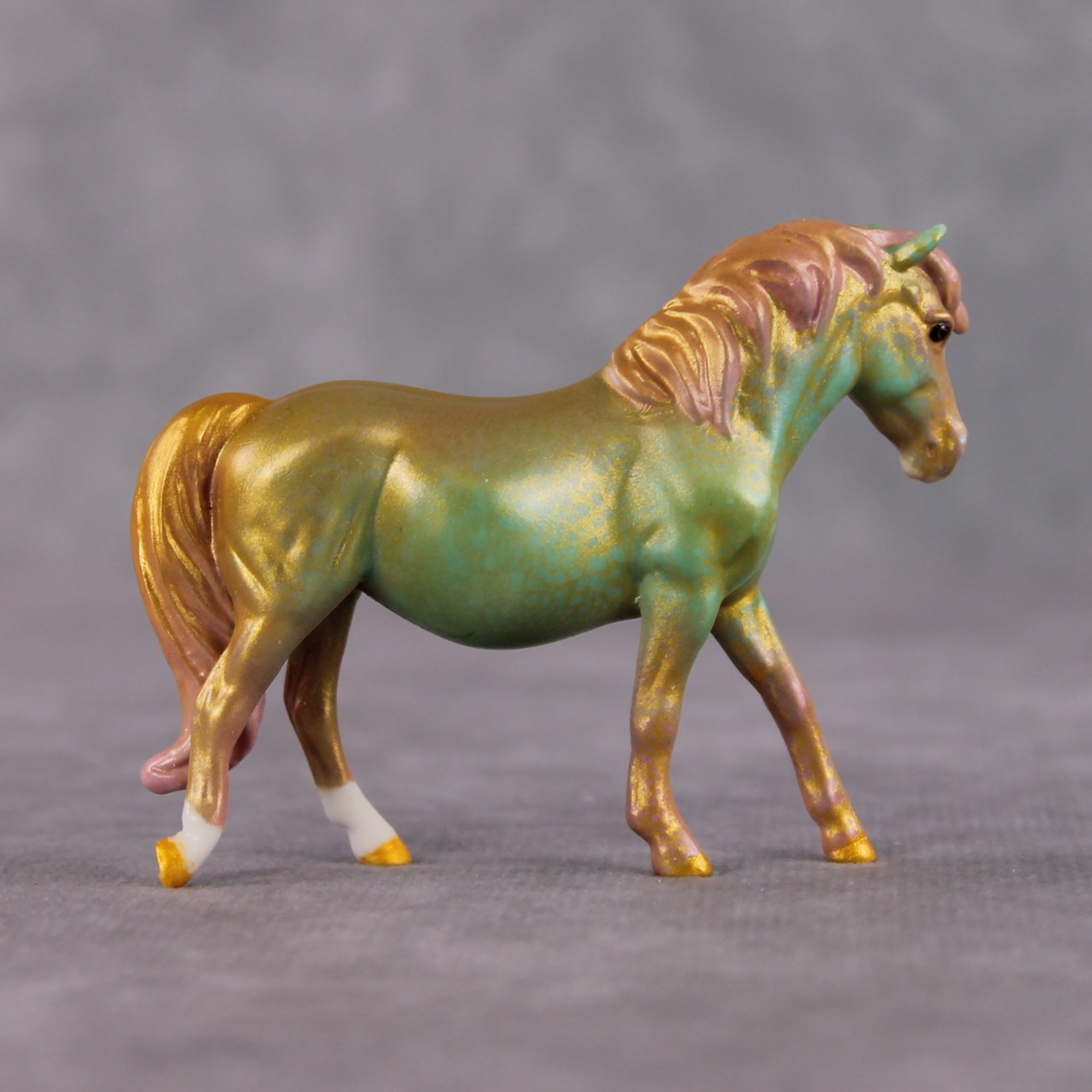 "Hummingbird" OOAK Deco Shimmery Teal, Pink, &amp; Gold Filigree Pony Chip By Guest Artist Kristen Cermele