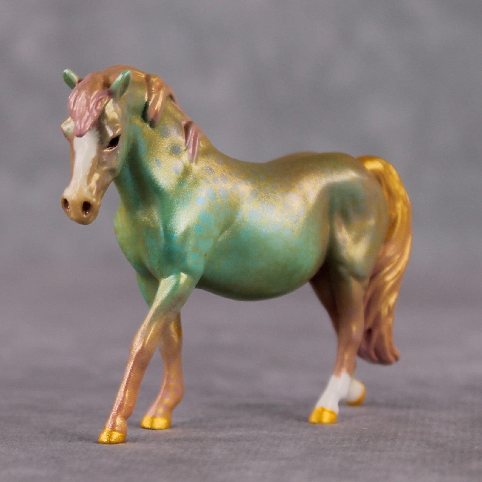 "Hummingbird" OOAK Deco Shimmery Teal, Pink, &amp; Gold Filigree Pony Chip By Guest Artist Kristen Cermele
