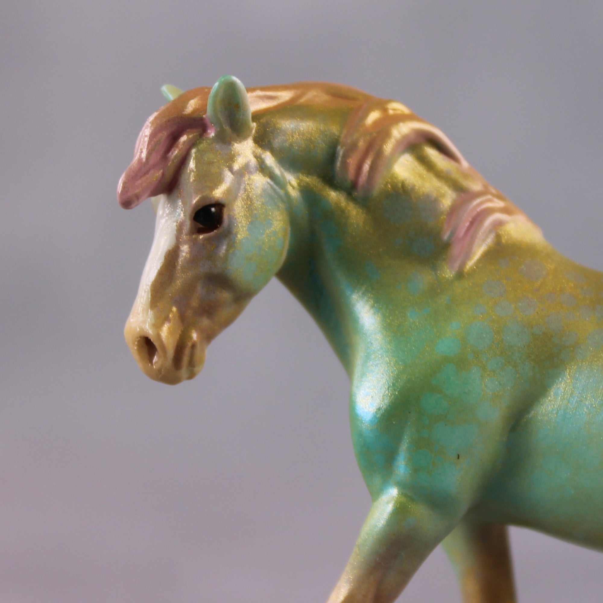 "Hummingbird" OOAK Deco Shimmery Teal, Pink, &amp; Gold Filigree Pony Chip By Guest Artist Kristen Cermele