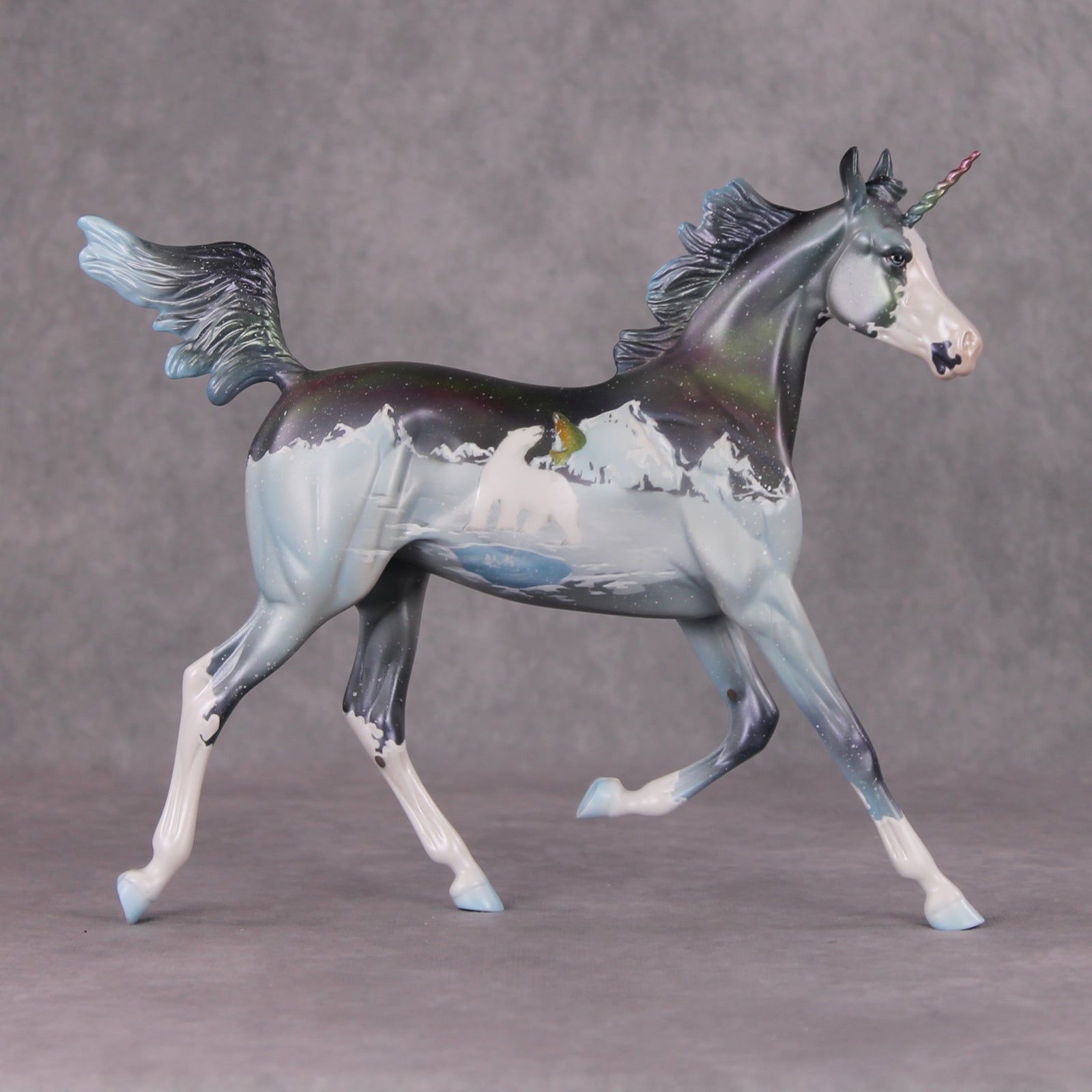 Gone Ice Fishing OOAK Polar Bear Ice Fishing Deco W/ Northern Lights Yearling Unicorn By Jess Hamill HS24 Online Drawing OOAK