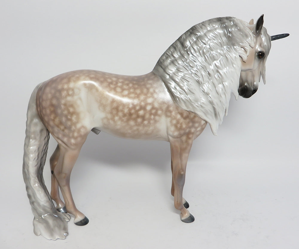 WHEELO-OOAK CUSTOM DAPPLE BAY GOING GREY ANDALUSIAN UNICORN BY SHERYL LEISURE WHS 2017
