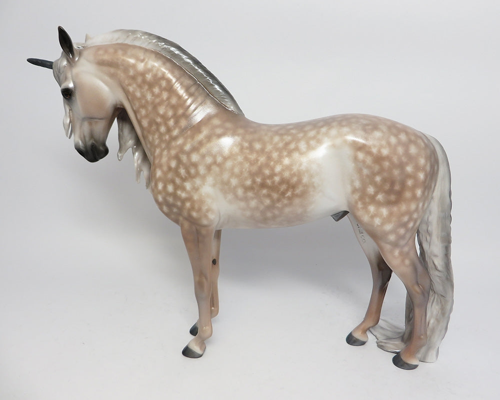 WHEELO-OOAK CUSTOM DAPPLE BAY GOING GREY ANDALUSIAN UNICORN BY SHERYL LEISURE WHS 2017