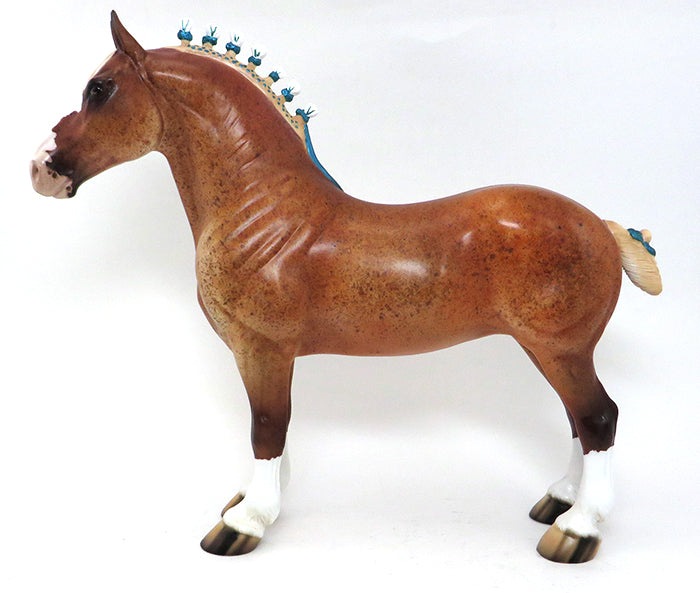 FINN - OOAK CHESTNUT STANDING DRAFTER MODEL HORSE WITH TEAL RIBBON - 10/2