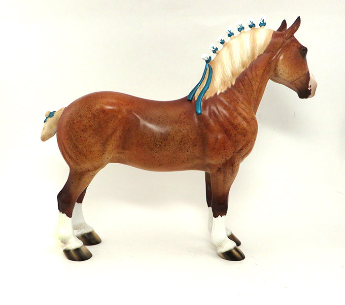 FINN - OOAK CHESTNUT STANDING DRAFTER MODEL HORSE WITH TEAL RIBBON - 10/2