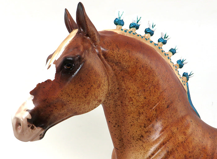 FINN - OOAK CHESTNUT STANDING DRAFTER MODEL HORSE WITH TEAL RIBBON - 10/2