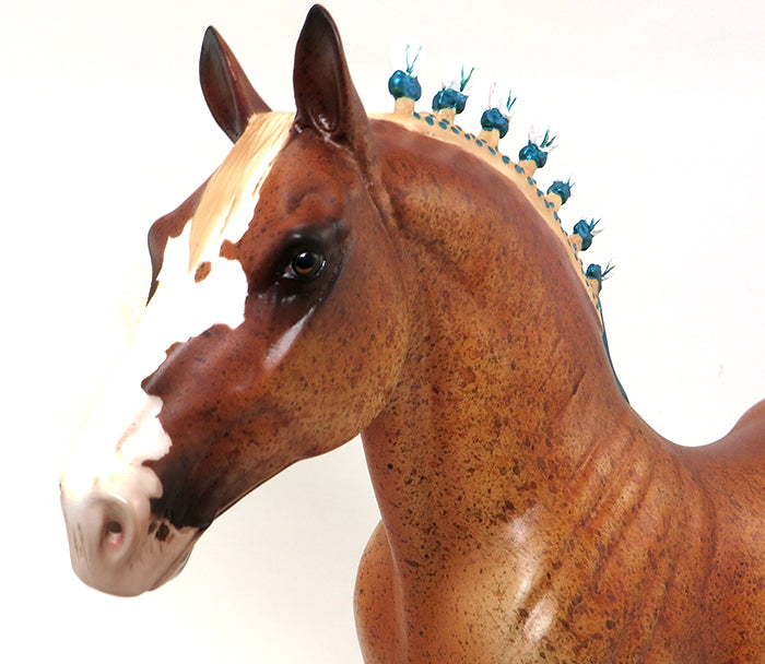 FINN - OOAK CHESTNUT STANDING DRAFTER MODEL HORSE WITH TEAL RIBBON - 10/2