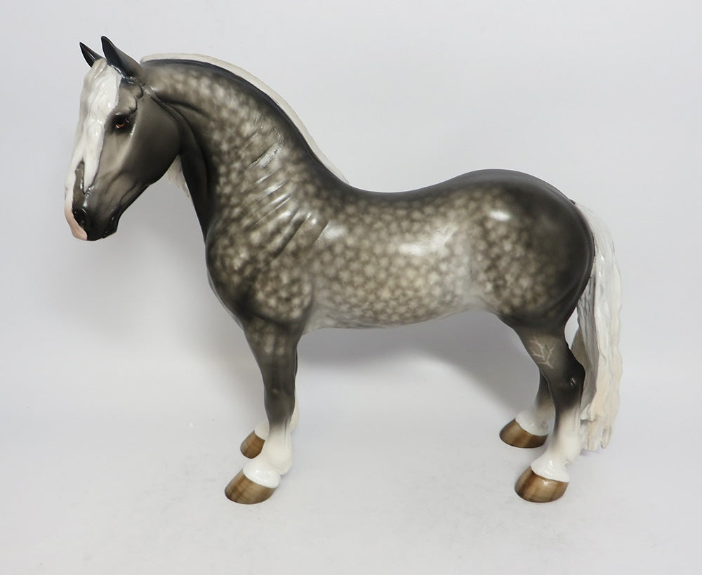 HEZEKIAH-OOAK STAR DAPPLE GREY STANDING DRAFTER MODEL HORSE BY SHERYL LEISURE