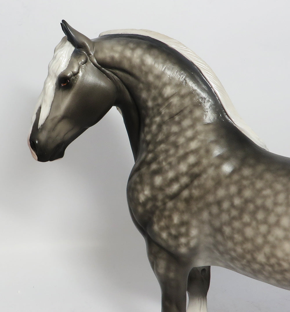 HEZEKIAH-OOAK STAR DAPPLE GREY STANDING DRAFTER MODEL HORSE BY SHERYL LEISURE