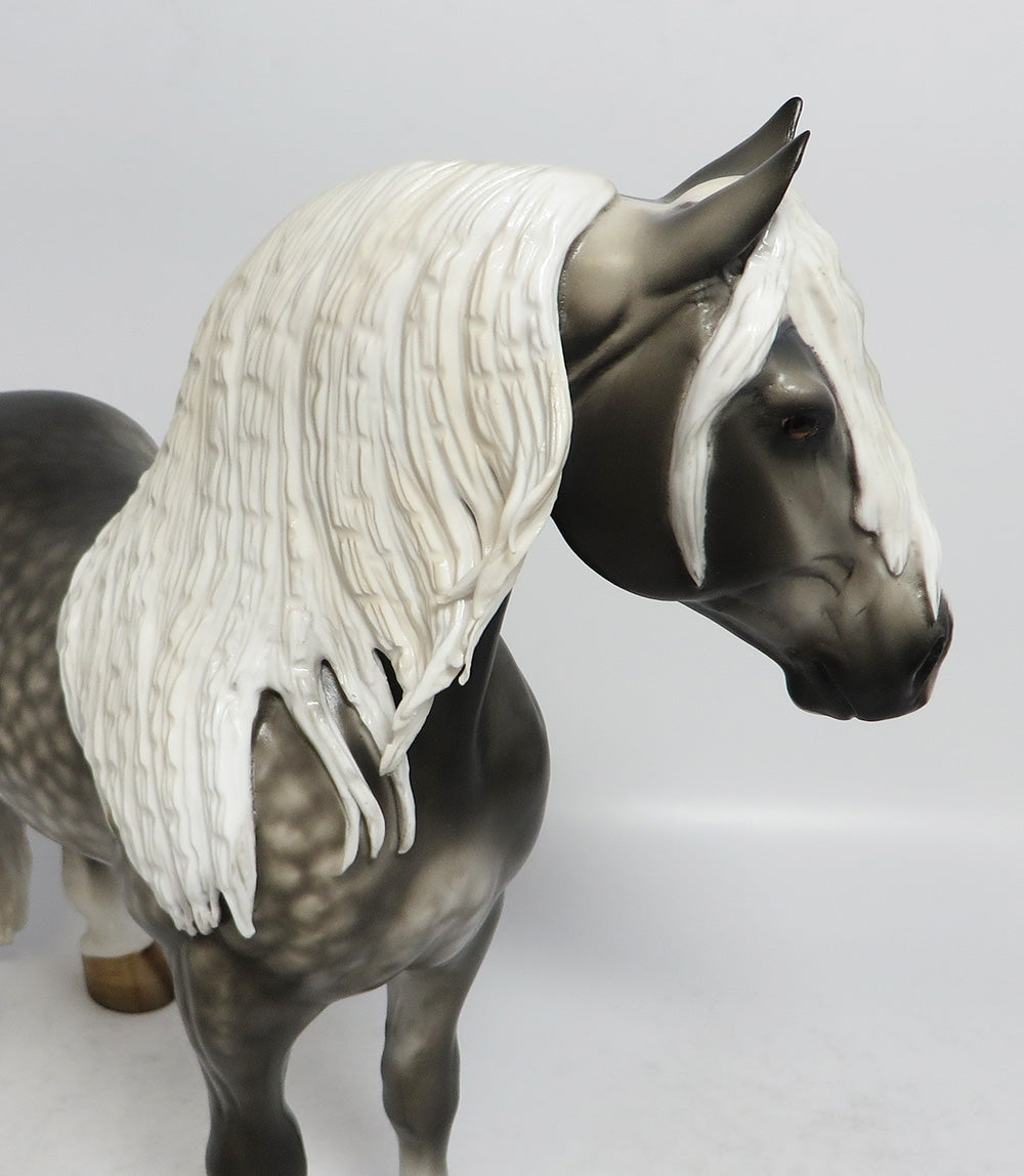 HEZEKIAH-OOAK STAR DAPPLE GREY STANDING DRAFTER MODEL HORSE BY SHERYL LEISURE