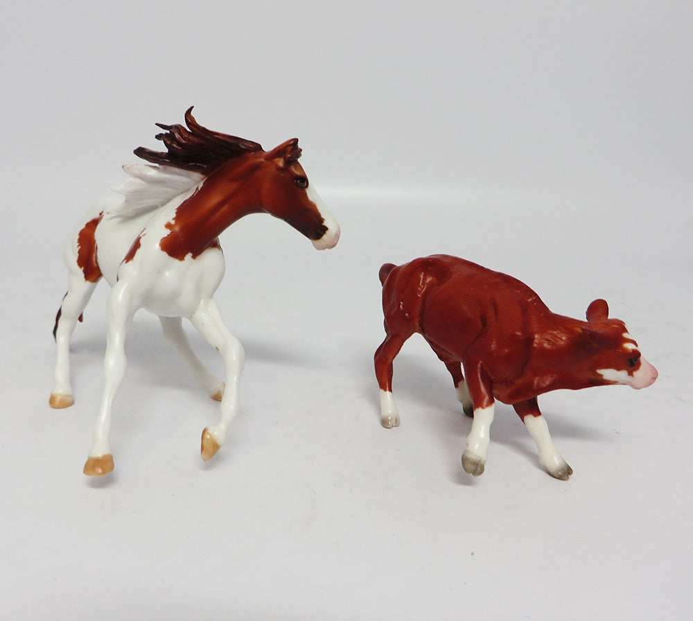 RUBY AND CASH-OOAK CHESNUT PAINT CUTTER AND CALF MODEL HORSE 7/24/17