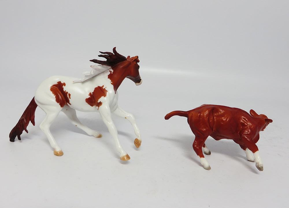 RUBY AND CASH-OOAK CHESNUT PAINT CUTTER AND CALF MODEL HORSE 7/24/17
