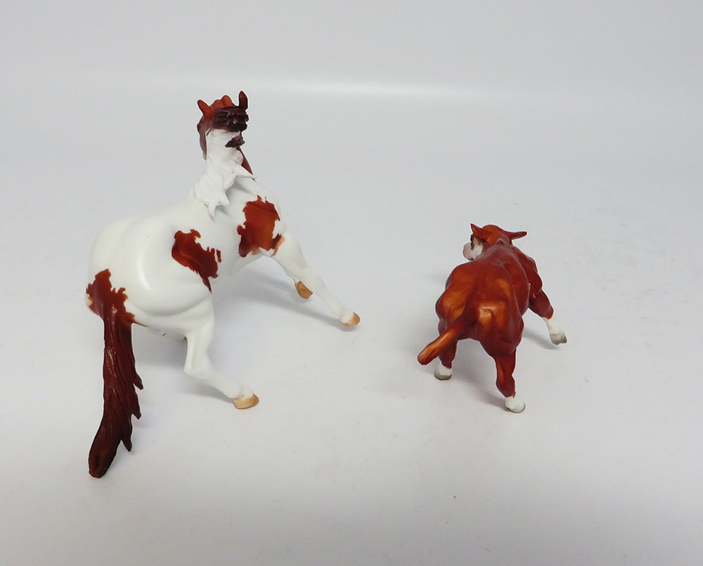 RUBY AND CASH-OOAK CHESNUT PAINT CUTTER AND CALF MODEL HORSE 7/24/17