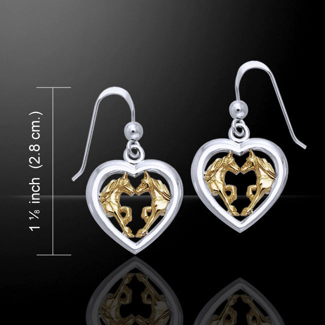 Friesian Horse Pair in Heart Silver & Gold Earrings