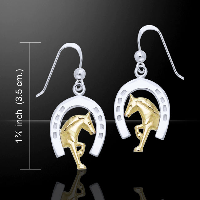 Friesian Horse in Horseshoe Silver & Gold Earrings