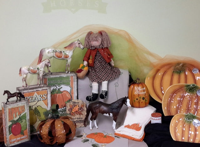 Fall Basket with Pumpkin Horses $25