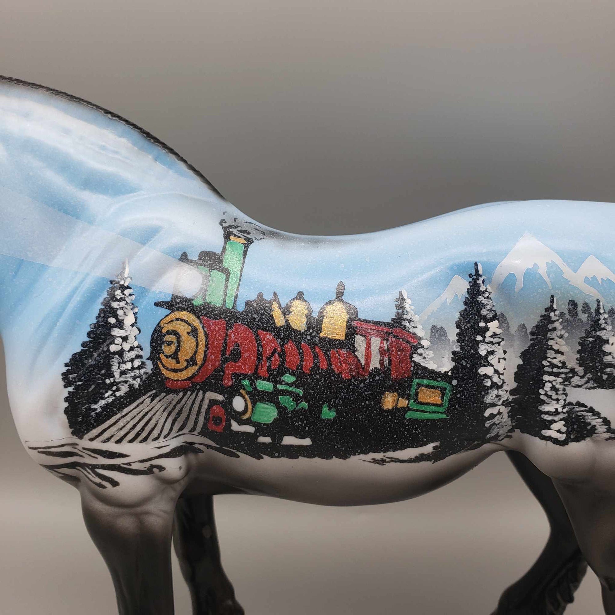 Holiday Train OOAK Blue &amp; Black W/ Winter Train Scene Deco Draft By Dawn Quick Holiday Sale HS23