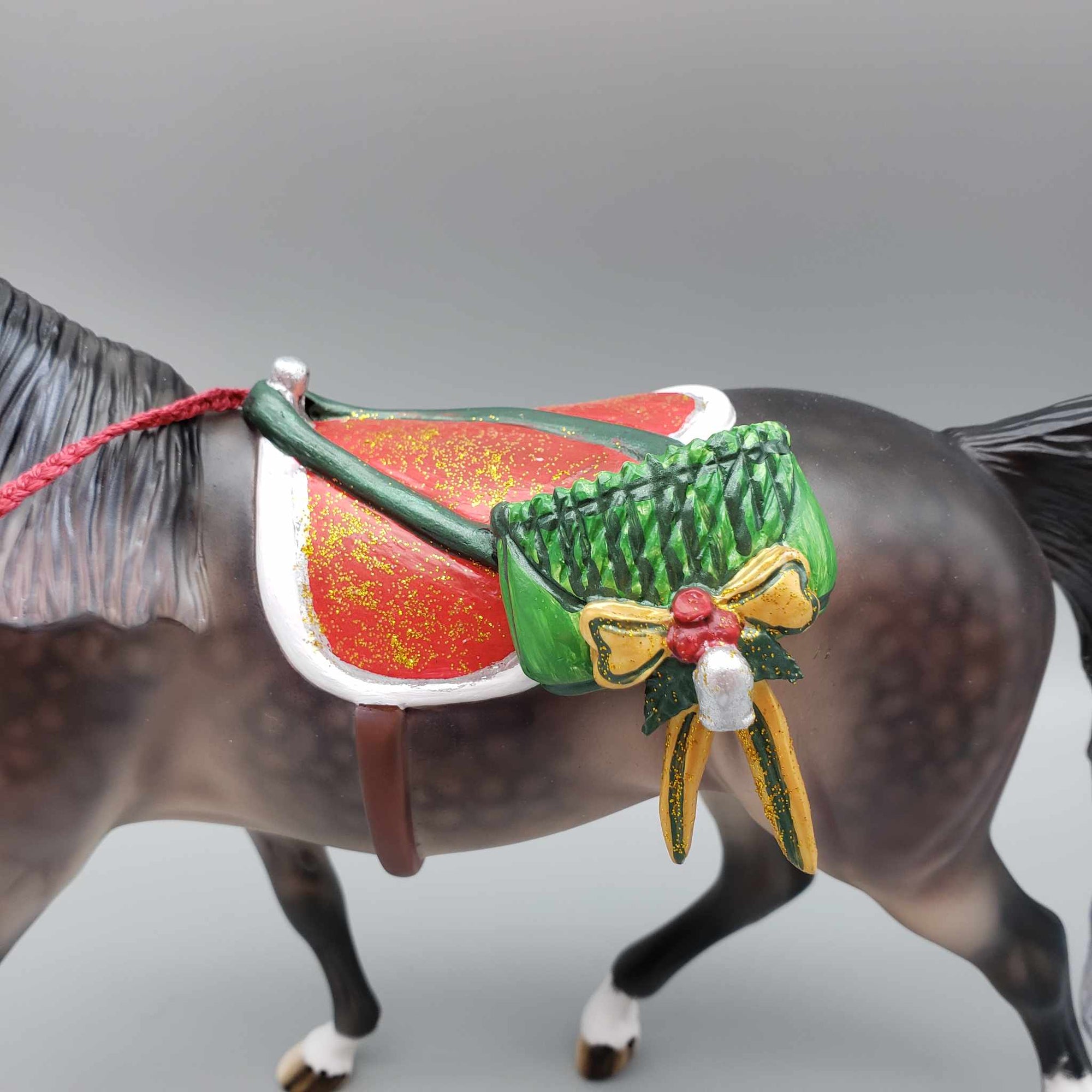 Santa&#39;s Little Helper OOAK Dappled Rose Grey Pony with Custom Saddle &amp; Pack Holiday Sale HS23