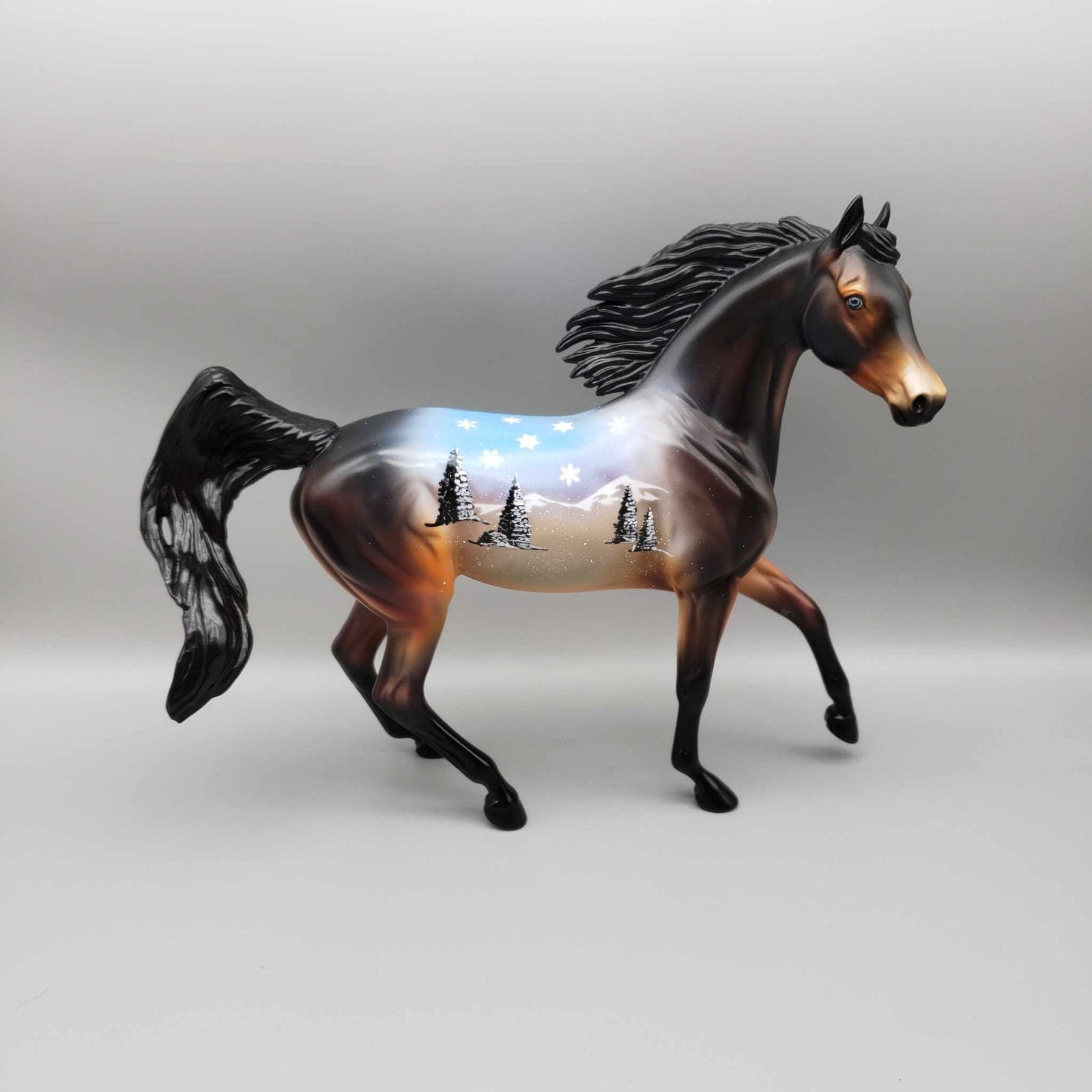 Sneh OOAK Deco Dark Bay W/ Winter Mountain Snow Scene Arabian Mare By Dawn Quick Holiday Sale HS23