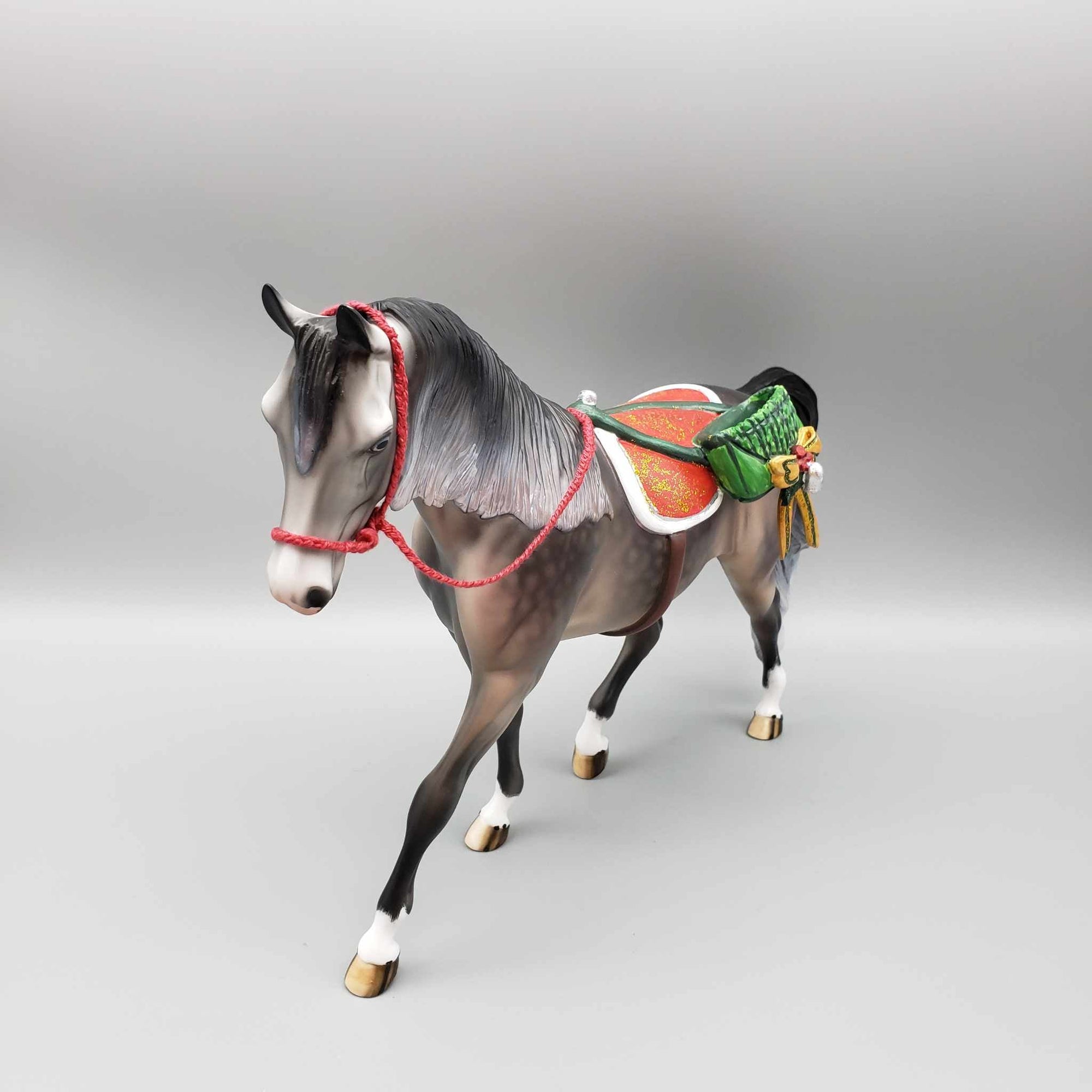 Santa&#39;s Little Helper OOAK Dappled Rose Grey Pony with Custom Saddle &amp; Pack Holiday Sale HS23