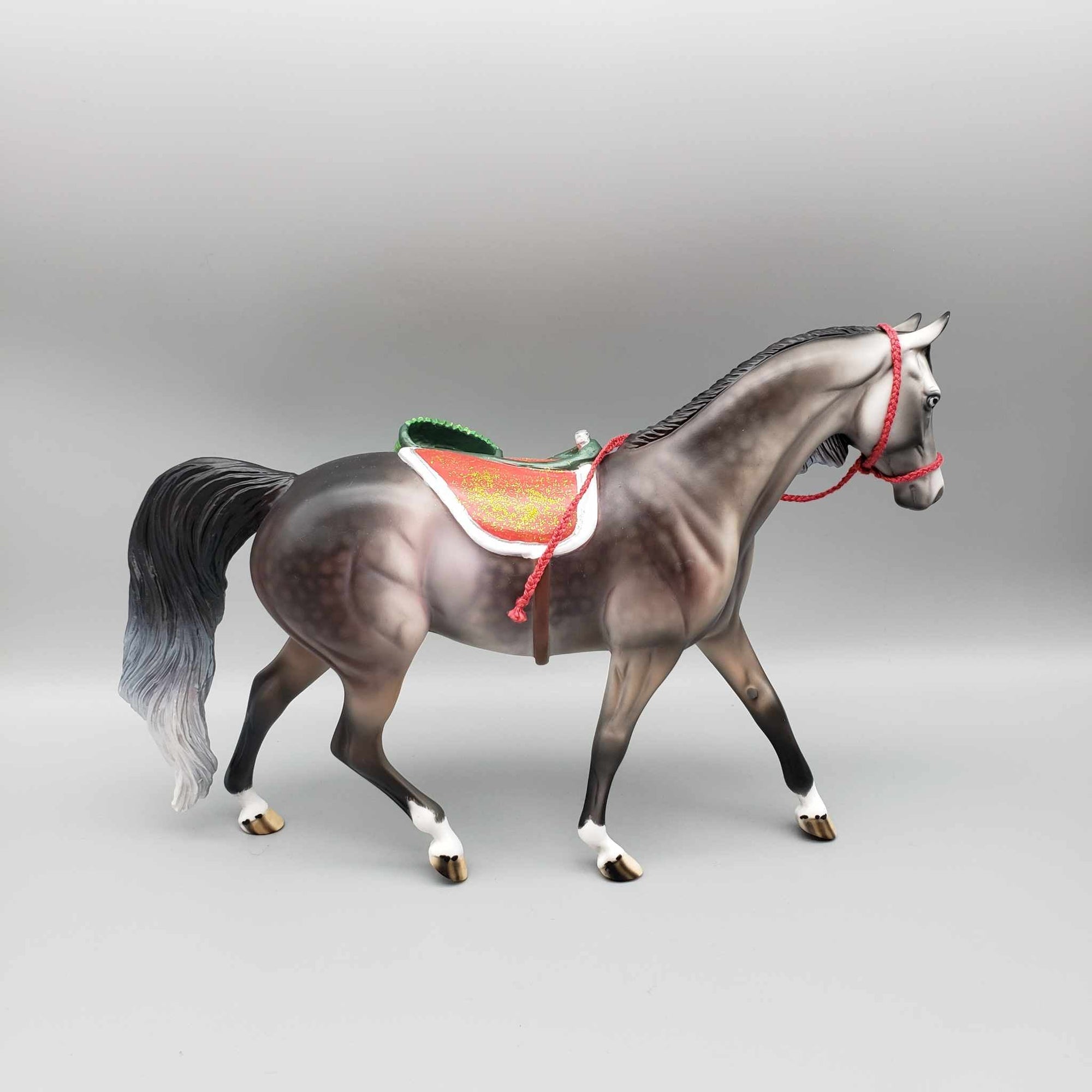 Santa&#39;s Little Helper OOAK Dappled Rose Grey Pony with Custom Saddle &amp; Pack Holiday Sale HS23