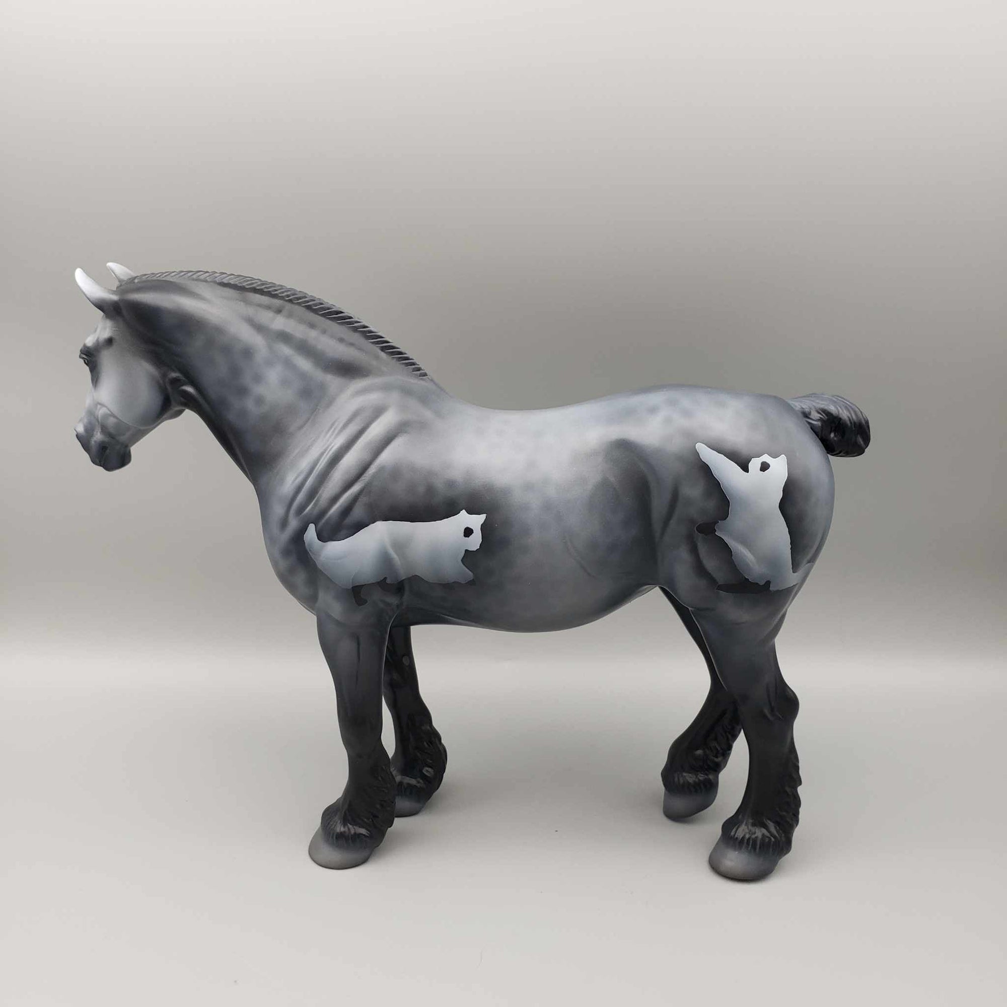 Ghost Town OOAK Halloween Deco Dappled Gray W/ Ghost Cats Roached Mane and Bobbed tail Heavy Draft By Jess Hamill Moonlight Madness 2023 MM23