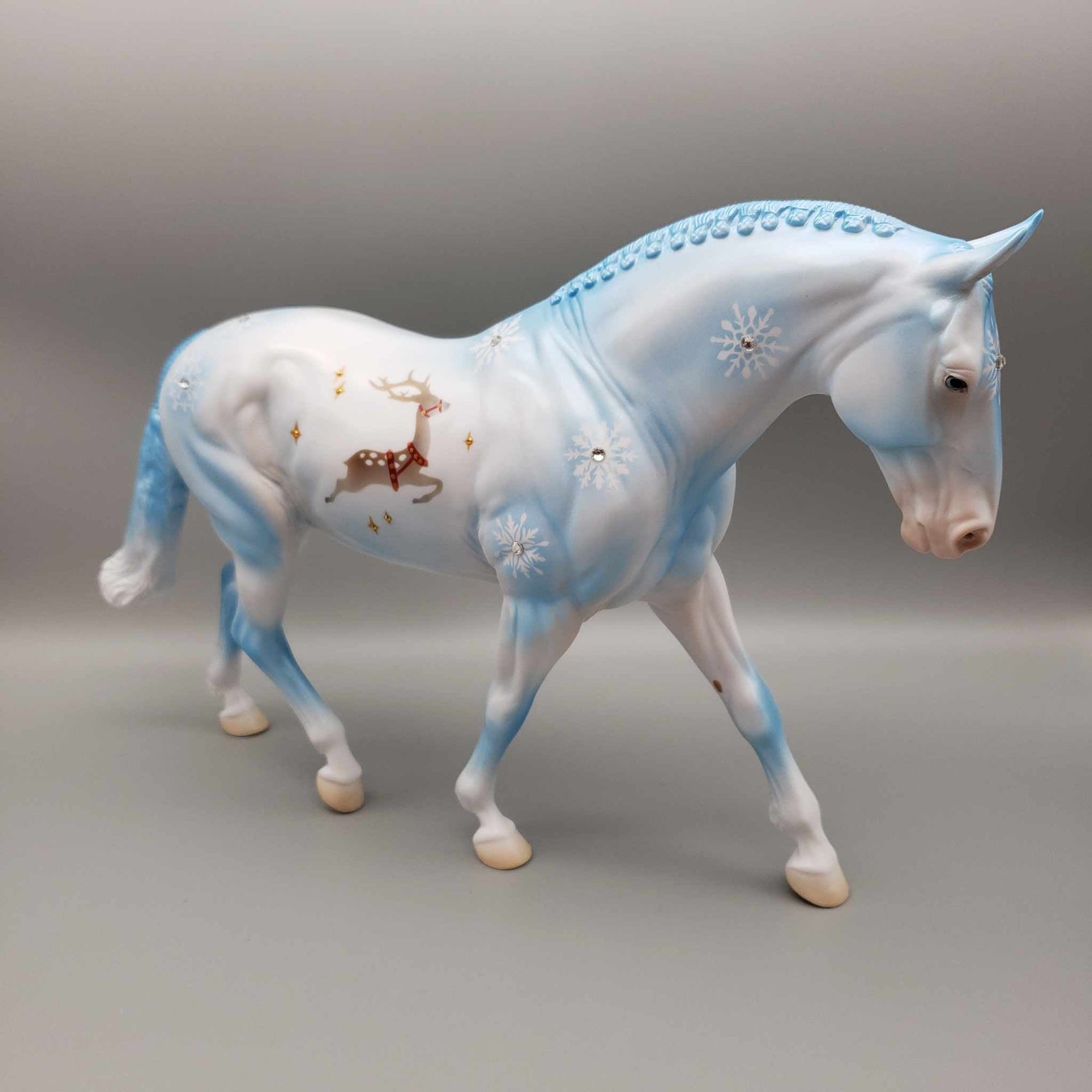 Flying Reindeer OOAK Blue W/ Reindeer and Snowflakes Deco Irish Draft By Jess Hamill Holiday Sale HS23