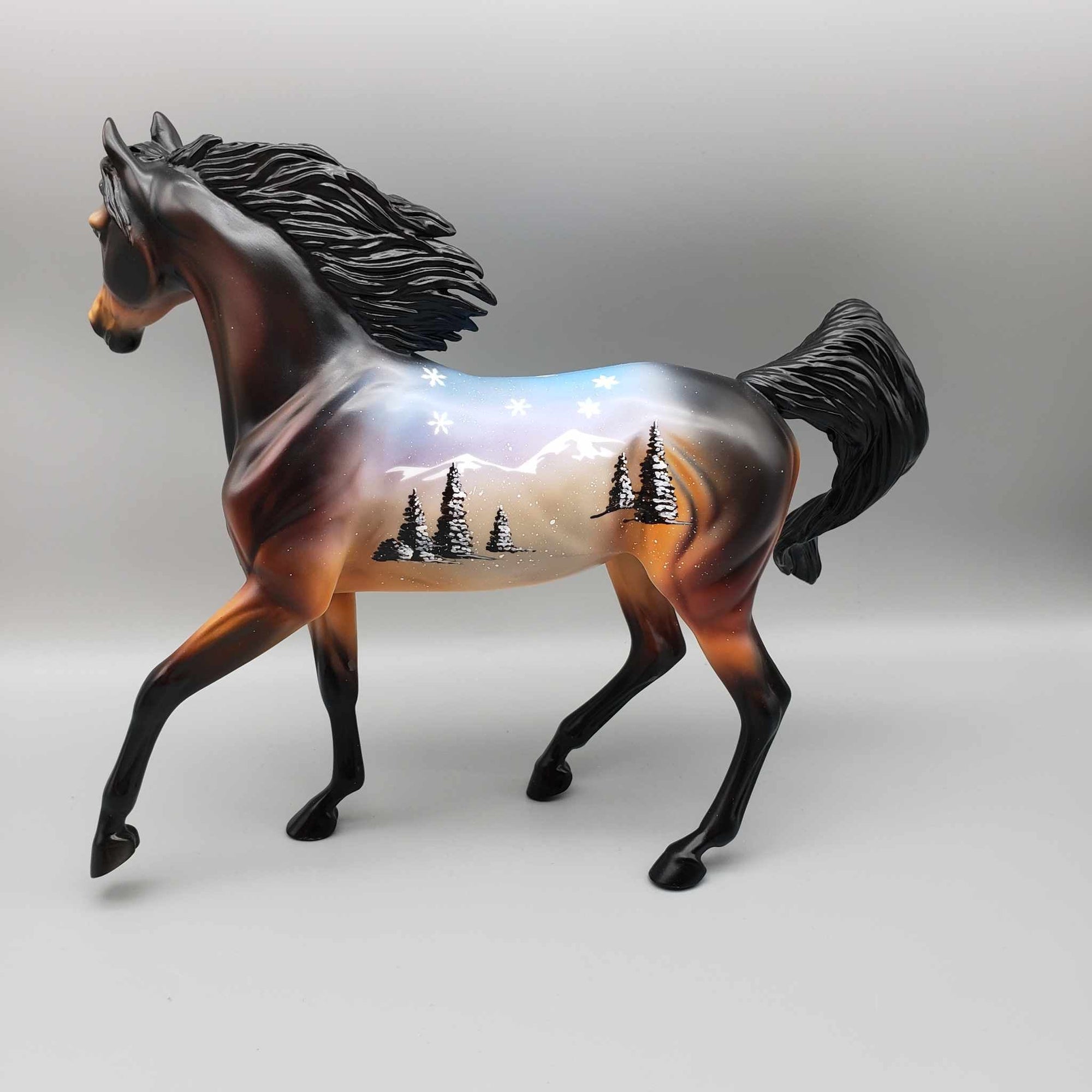 Sneh OOAK Deco Dark Bay W/ Winter Mountain Snow Scene Arabian Mare By Dawn Quick Holiday Sale HS23