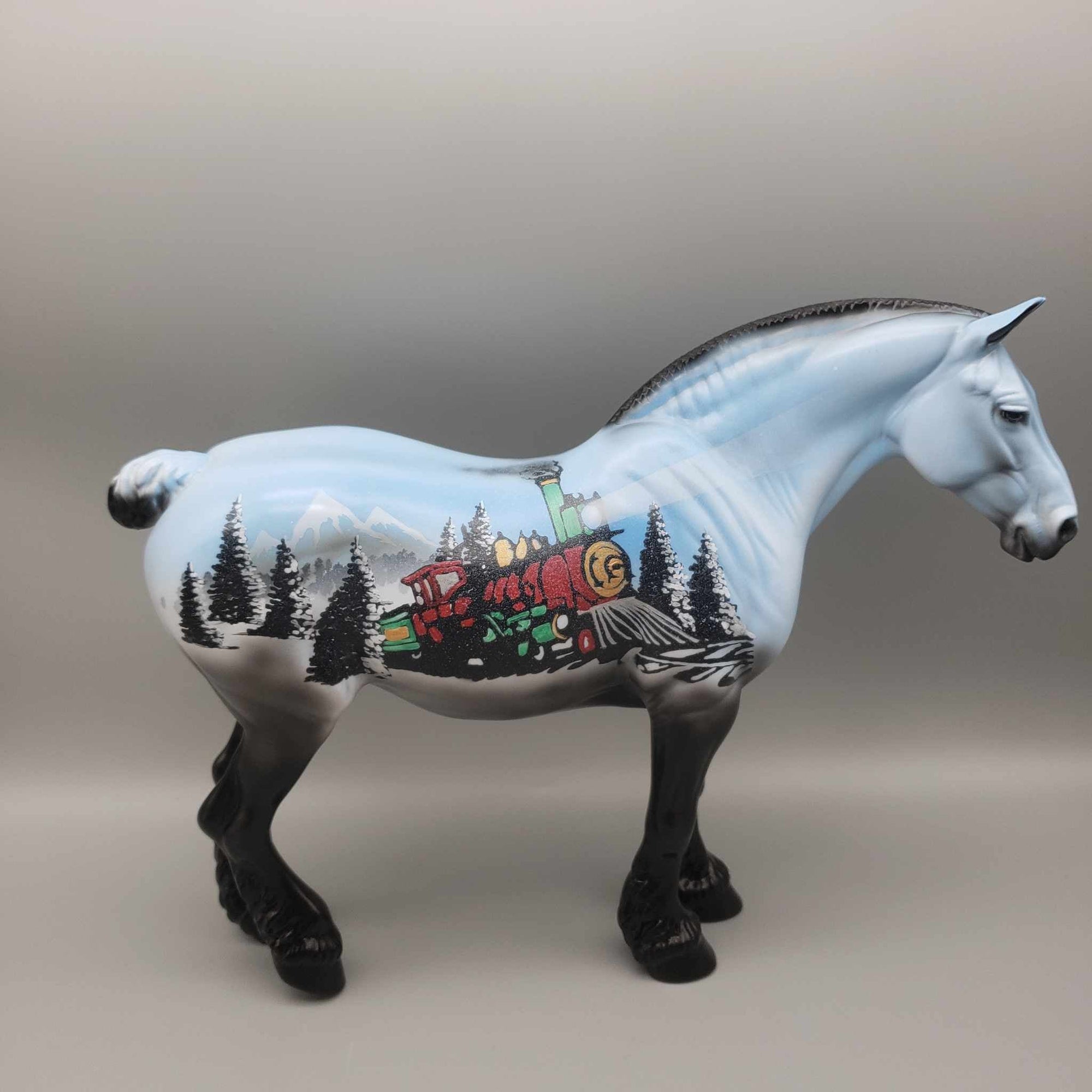 Holiday Train OOAK Blue & Black W/ Winter Train Scene Deco Draft By Dawn Quick Holiday Sale HS23