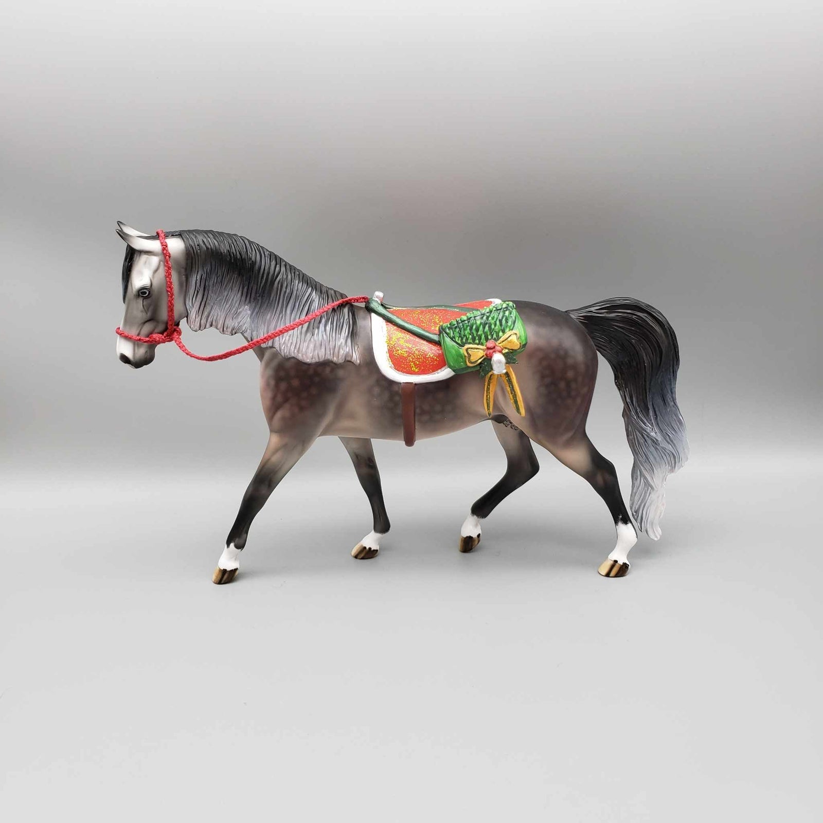 Santa's Little Helper OOAK Dappled Rose Grey Pony with Custom Saddle & Pack Holiday Sale HS23