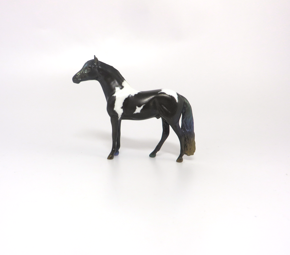 DOUBLOON - OOAK MARDI GRAS DECORATOR ANDALUSIAN CHIP BLACK PINTO MODEL HORSE BY AMANDA HOSTETLER 3-5-19