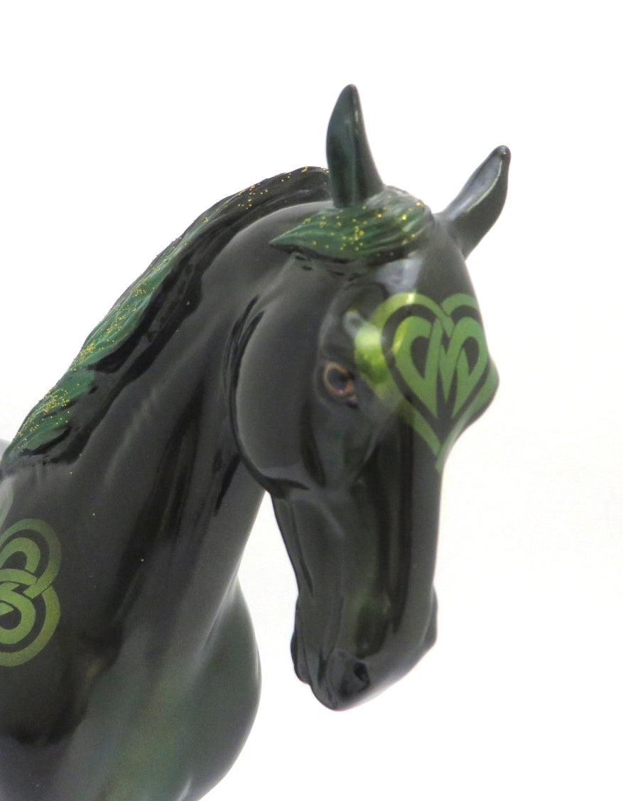 CLODAH -- PRE OREDER GREEN CELTIC DESIGN WITH GOLDEN GLITTER MANE AND TAIL  ANDALUSIAN MODEL HORSE BY JAS FANNING 3/6/20
