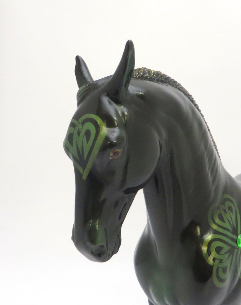 CLODAH -- PRE OREDER GREEN CELTIC DESIGN WITH GOLDEN GLITTER MANE AND TAIL  ANDALUSIAN MODEL HORSE BY JAS FANNING 3/6/20