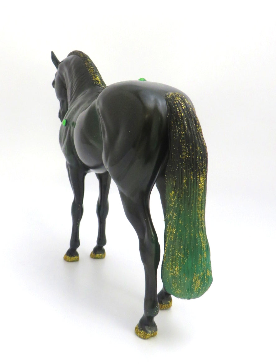 CLODAH -- PRE OREDER GREEN CELTIC DESIGN WITH GOLDEN GLITTER MANE AND TAIL  ANDALUSIAN MODEL HORSE BY JAS FANNING 3/6/20