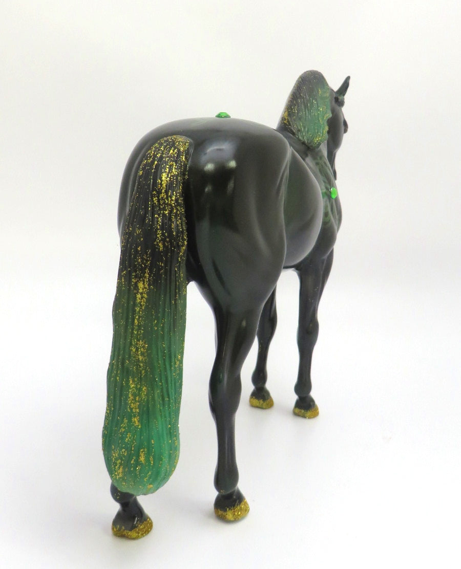 CLODAH -- PRE OREDER GREEN CELTIC DESIGN WITH GOLDEN GLITTER MANE AND TAIL  ANDALUSIAN MODEL HORSE BY JAS FANNING 3/6/20
