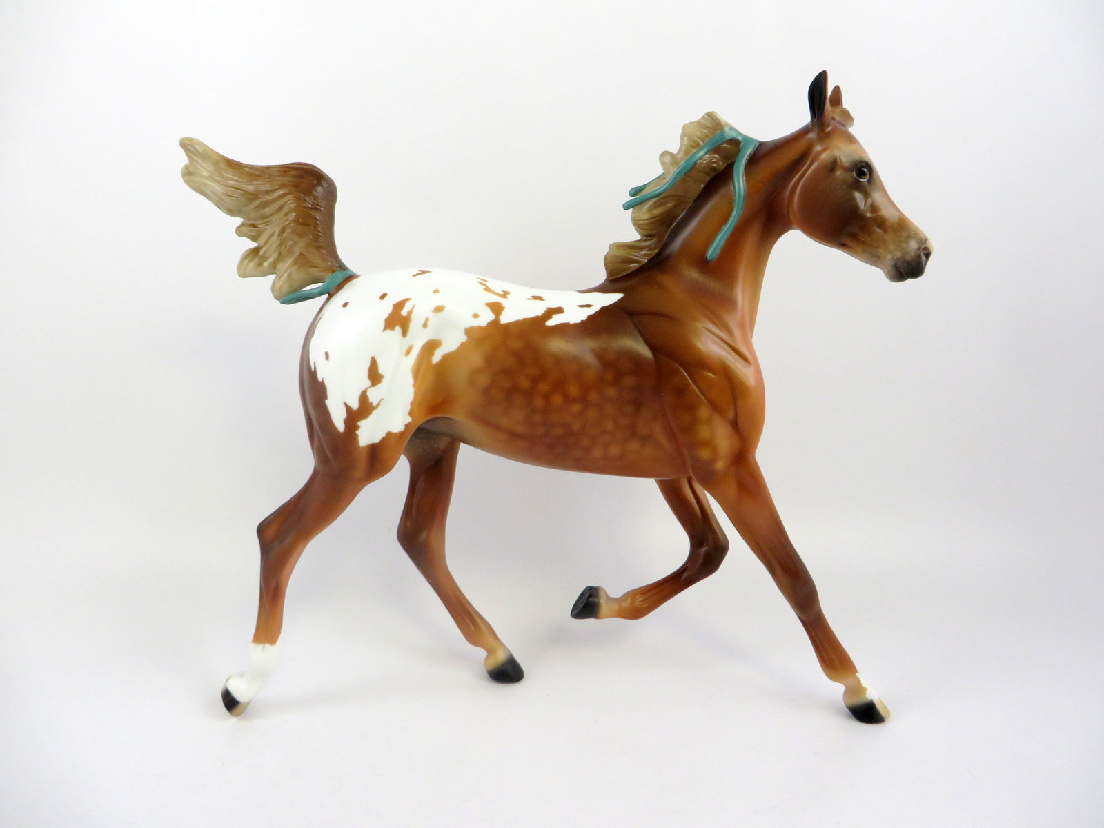 JOHANNE-OOAK CHESTNUT APPALOOSA YEARLING MODEL HORSE WITH GREEN RIBBON EQ19