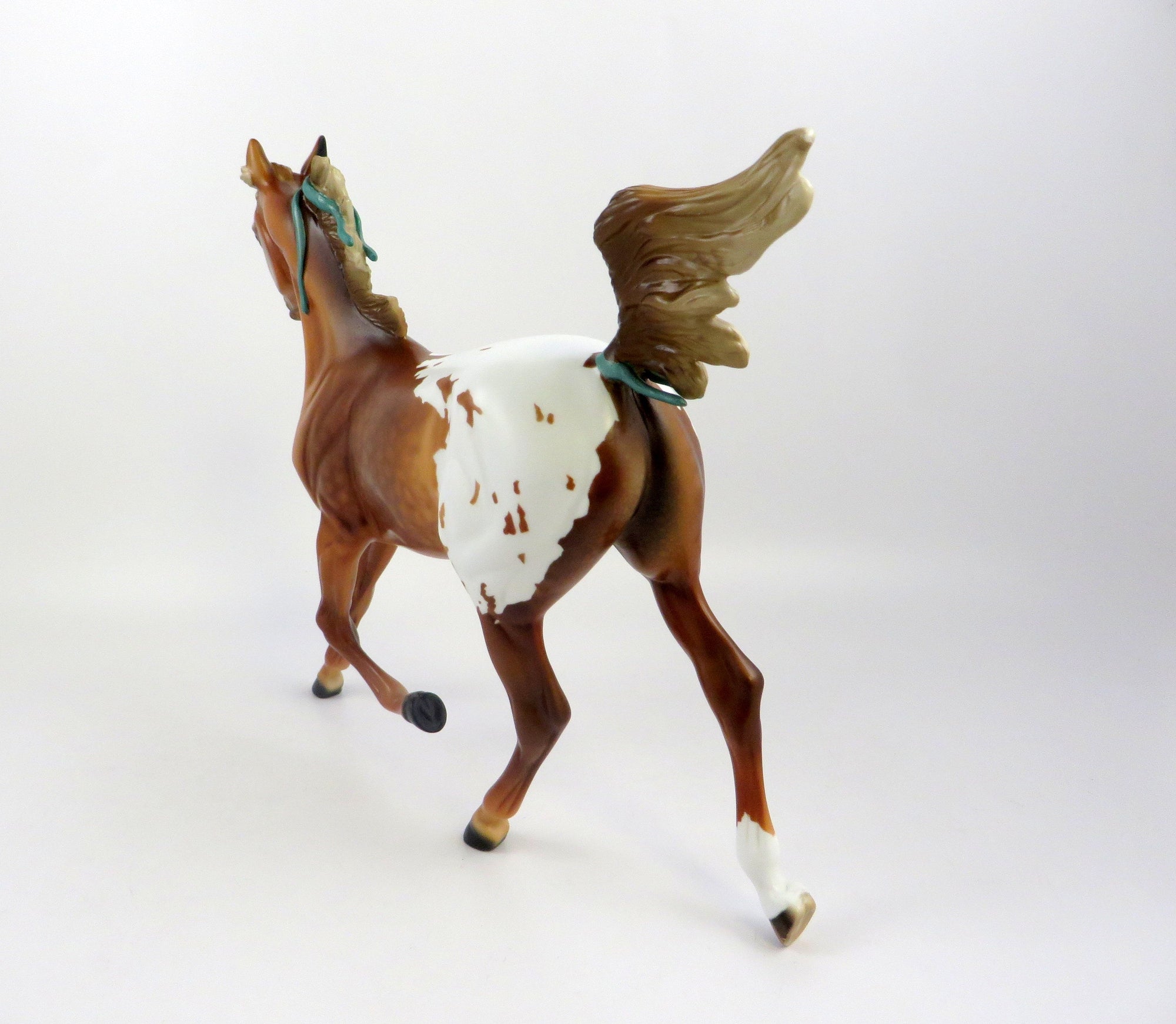 JOHANNE-OOAK CHESTNUT APPALOOSA YEARLING MODEL HORSE WITH GREEN RIBBON EQ19