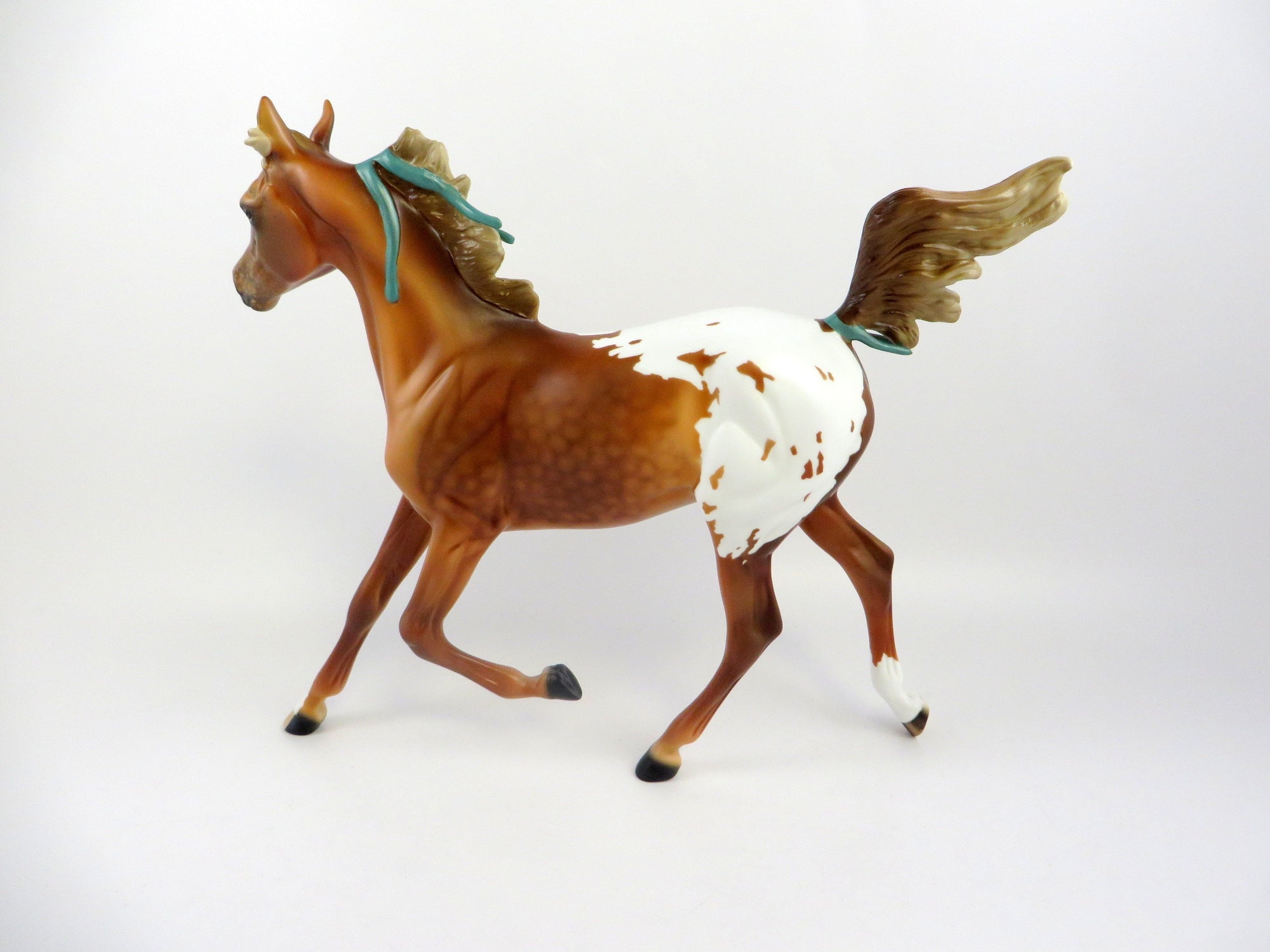 JOHANNE-OOAK CHESTNUT APPALOOSA YEARLING MODEL HORSE WITH GREEN RIBBON EQ19