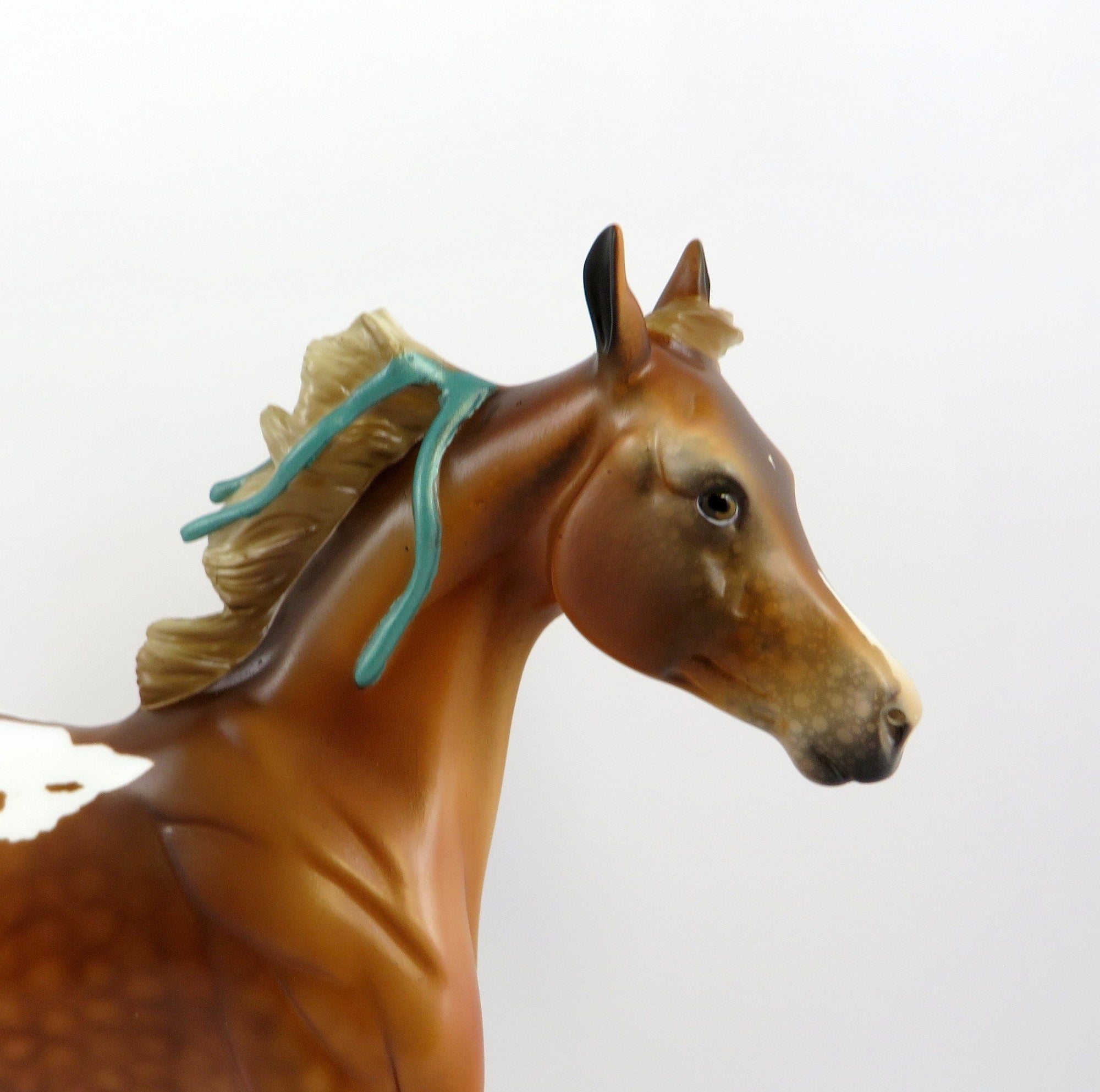 JOHANNE-OOAK CHESTNUT APPALOOSA YEARLING MODEL HORSE WITH GREEN RIBBON EQ19